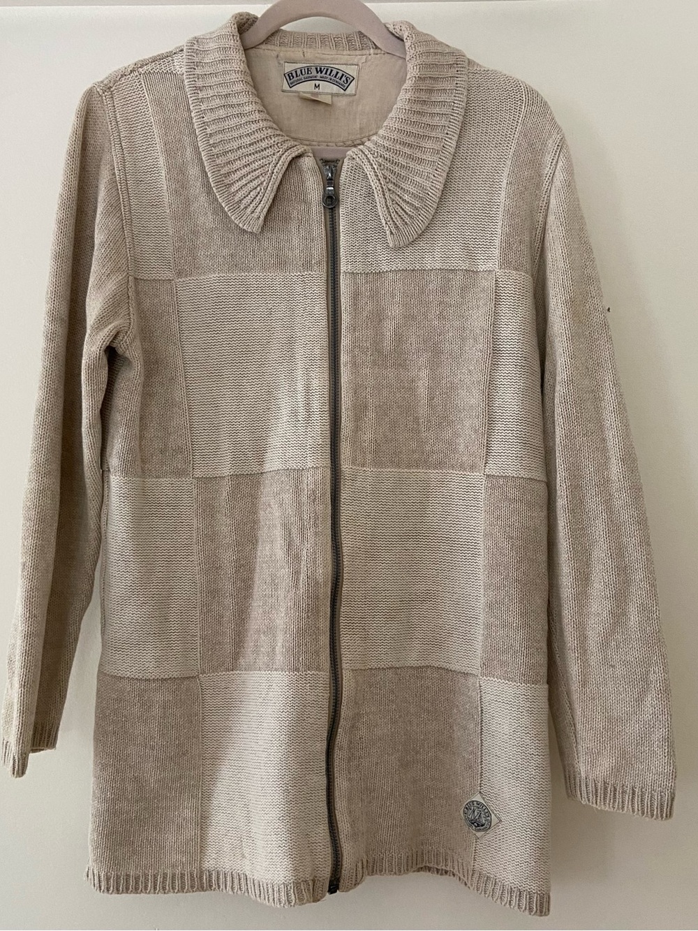 Blue Willi's Vintage Patchwork Knit Full-Zip Sweater M Cardigan Beige Fisherman